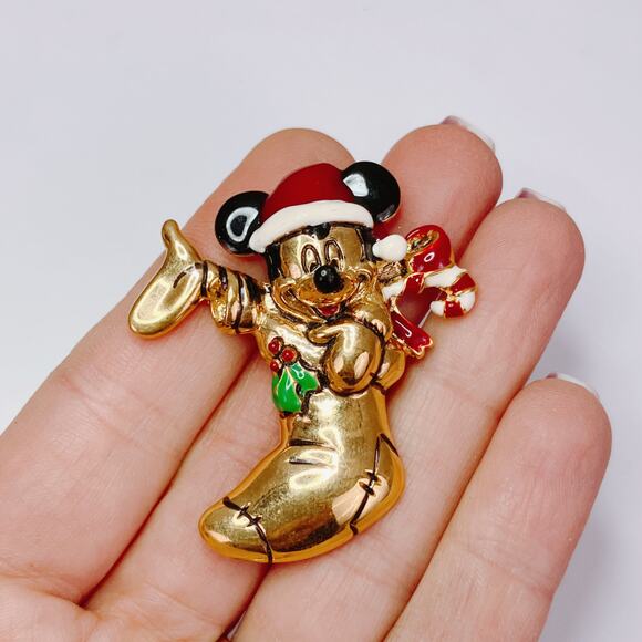 Vintage Disney Napier Mickey Mouse Christmas Stocking Gold Tone Brooch Nostalgic - Picture 2 of 11